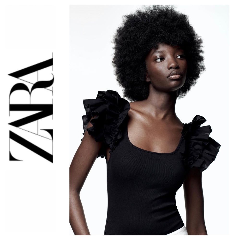 NWT Zara Ribbed Ruffled Round Neck Bodysuit in Black, Size Small